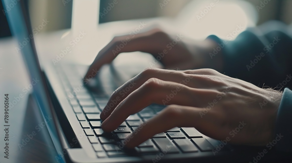 Male hands typing on laptop keyboard in sunny office business and technology concept Close up : Generative AI