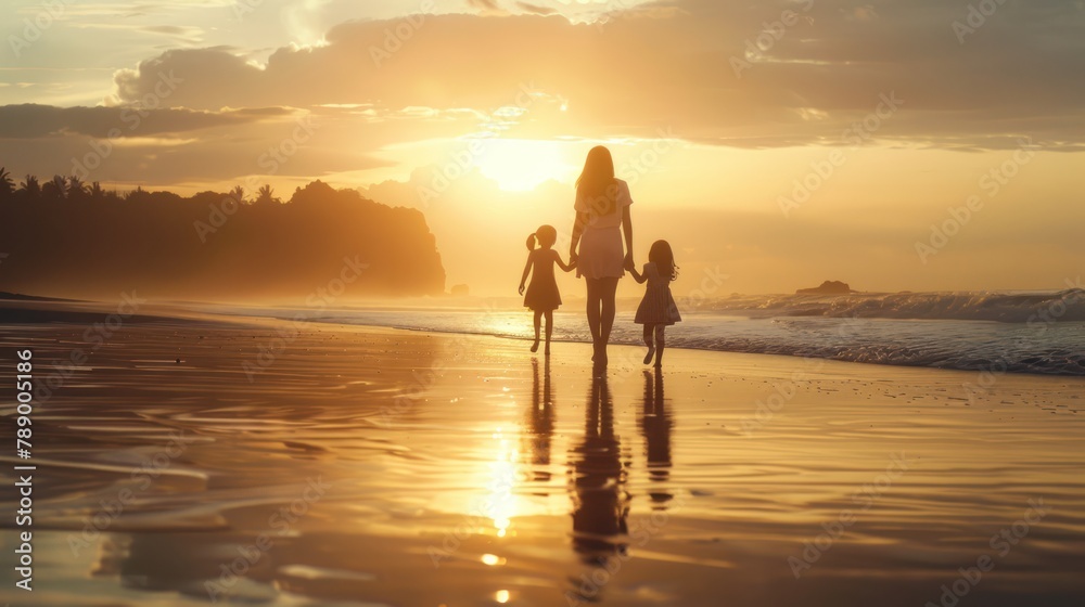 mother and daughter walking hand-in-hand along a beach at sunset