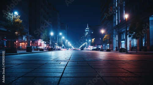 Empty street and modern cityscape at night with festive lighting