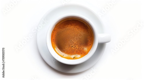 Espresso coffee cup flat lay closeup fresh brewed crema large detailed isolated macro closeup blank empty horizontal copy space white background : Generative AI