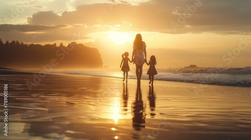 mother and daughter walking hand-in-hand along a beach at sunset