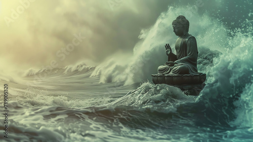 Serene scene of Buddha surfing in the sea.