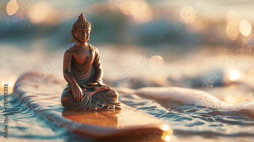 Tranquil figure of Buddha balancing on a surfboard.