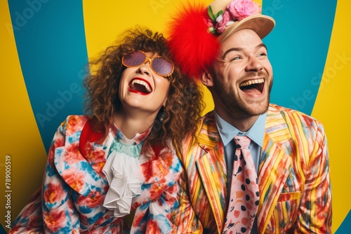 A young couple dressed in matching Clowncore outfits, radiating joy and laughter as they pose against a colorful backdrop