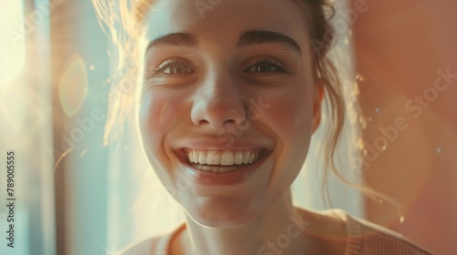 Close up portrait of smiling young Caucasian woman look at camera feel excited optimistic Happy millennial 20s female renter or tenant overjoyed moving relocating to new home or apartm : Generative AI photo