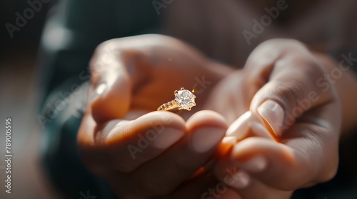 She said yes concept of an expensive gold diamond ring on a womans hand held by her fiance Man holding womans hand with ring closeup womens jewelry shot idea photo : Generative AI photo