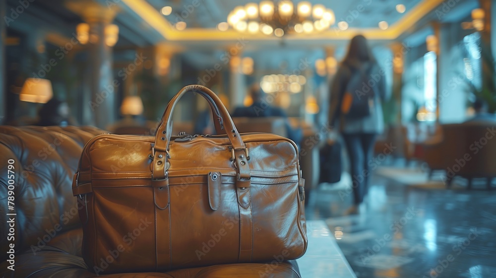 A leather bag in an aeroport lounge travel - obrazy, fototapety, plakaty 