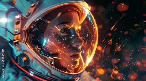 Close-up of an astronaut helmet with blurred elements, emphasizing the combination of space exploration gear and abstract artistry