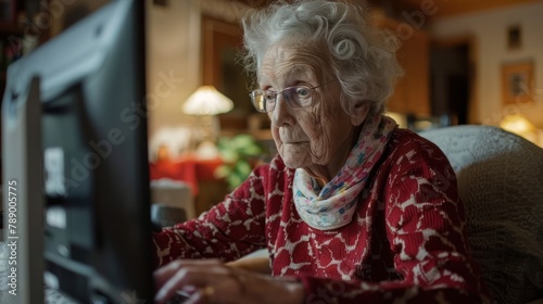 elderly woman taking an online course on a computer