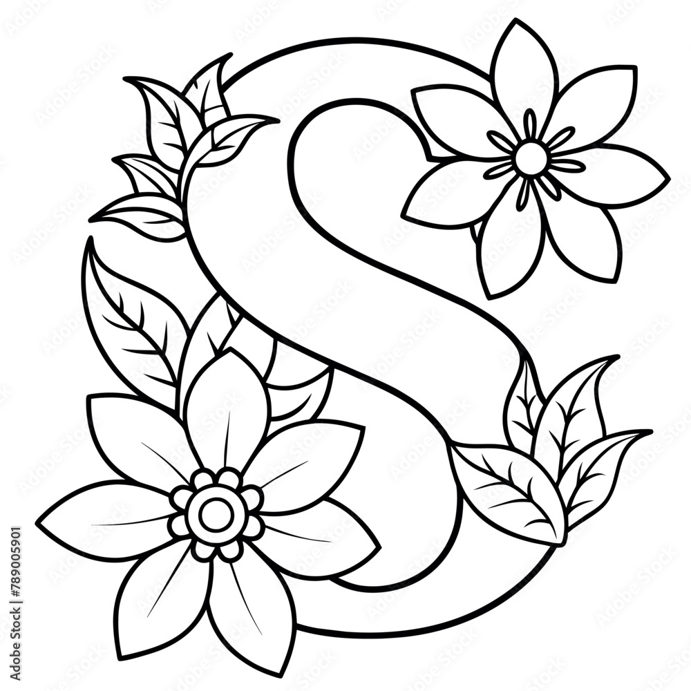 Alphabet S coloring page with the flower, S letter digital outline floral coloring page, ABC