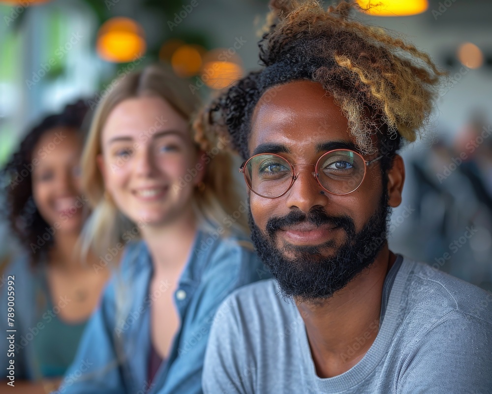 A diverse group of friends share a joyful moment together, with focus on a smiling man in round glasses A diverse group of friends share a joyful moment together, with focus on a smiling man in round glasses