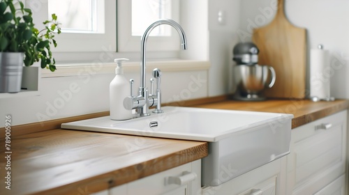 Stylish kitchen with white cupboards and drawers and simple white sink with silver tap in wooden countertop : Generative AI photo