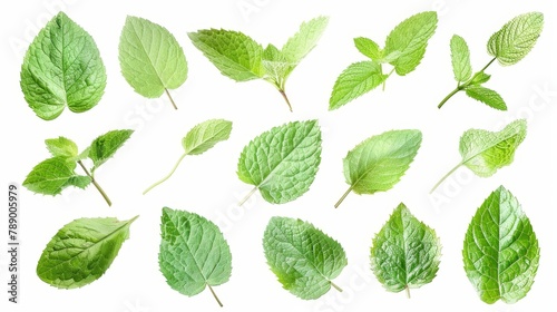 Fresh mint leaves collection, isolated fresh herbal ingredient for cooking and aromatherapy