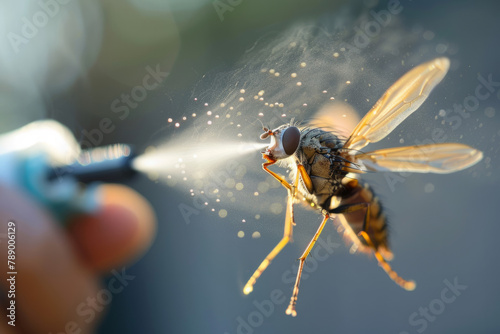 Man utilizing insecticide spray against a fly