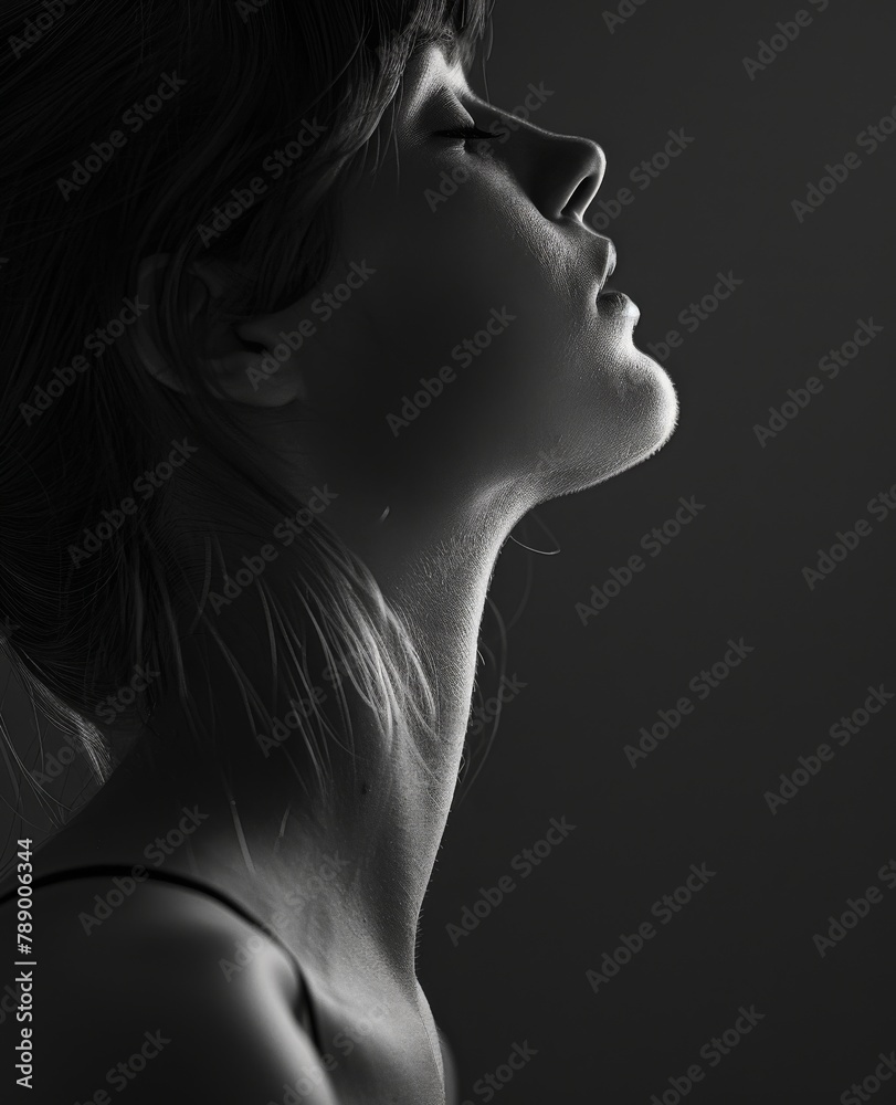 A close-up that highlights the gentle lines and natural beauty of the back of a woman's neck in stark monochromatic tones