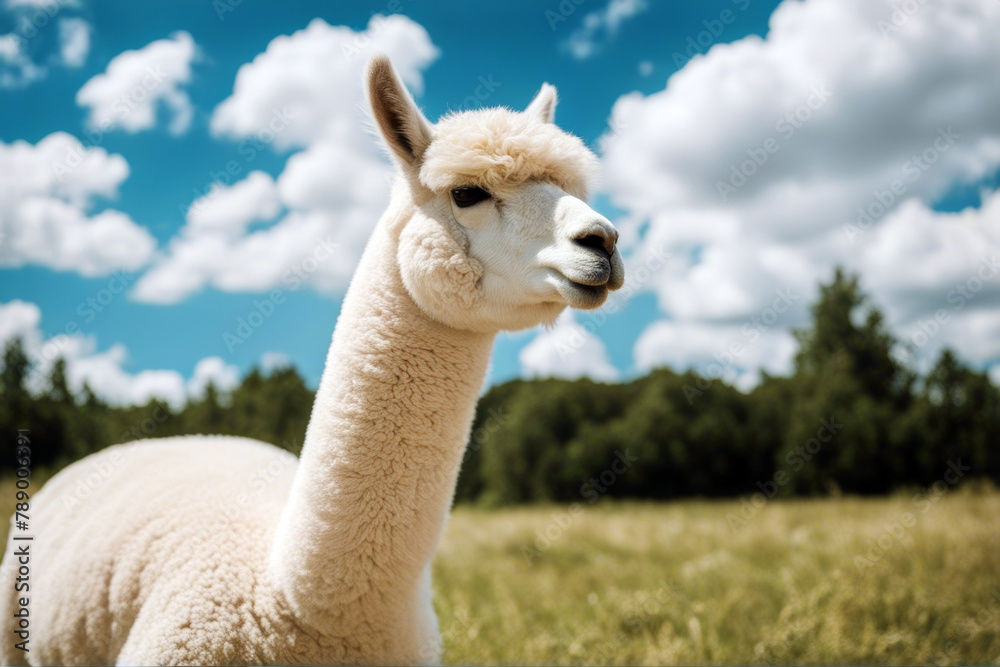 Obraz premium White clouds alpaca front blue you watching sky camel ear portrait snout therapy grin peru attention face neck lama herbivore cloud heaven andes wool brown
