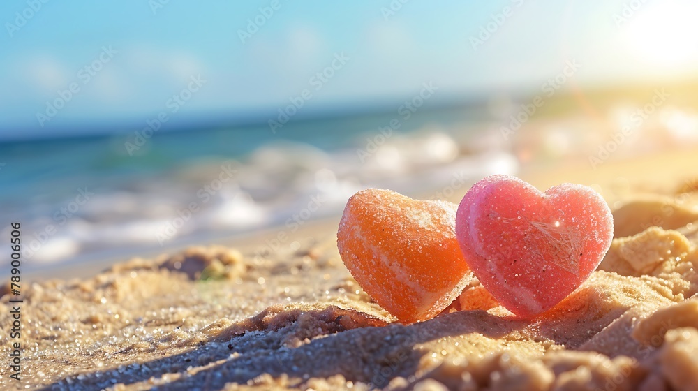 Fototapeta premium Close up of two candy hearts on sandy beach with ocean blurred in the background and blue sky