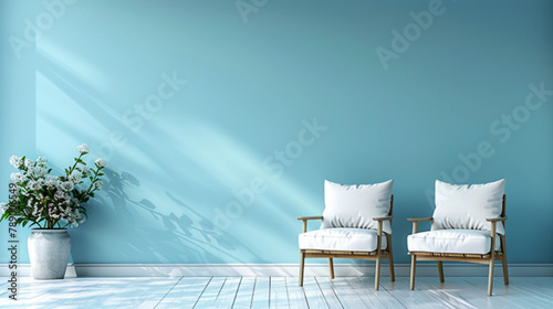 Tranquil Blue Living Space with Sleek Wooden Armchairs and Fresh Flowers #789006549