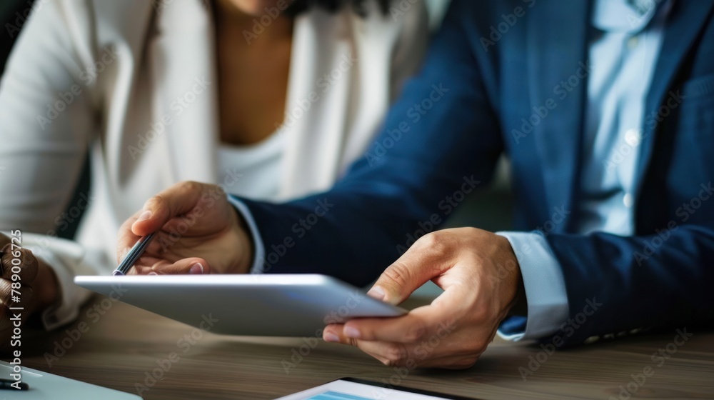 sales representative using a tablet to close a deal with a client in a stylish office setting sales representative using a tablet to close a deal with a client in a stylish office setting