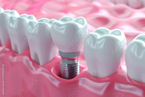 3d illustration of dental implant with white tooth. dental implantation. teeth with implant screw.