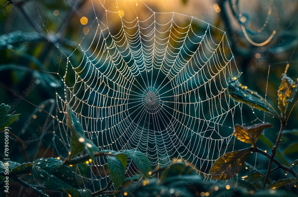 A spider web is covered in dew, with a blurred background of greenery. The web has a golden sheen from the sunlight shining through.