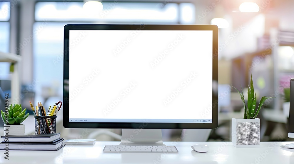 Close up view of artist workspace with blank screen computer office supplies and decoration on white desk with blurred office room background : Generative AI Close up view of artist workspace with blank screen computer office supplies and decoration on white desk with blurred office room background : Generative AI