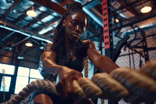 Woman performing intense battle rope workouts in a gym photo