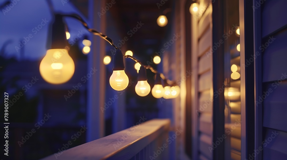 Close up view of nautical theme home balcony at night with string light bulbs : Generative AI Close up view of nautical theme home balcony at night with string light bulbs : Generative AI