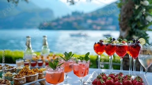 Cocktails and finger food aperitif by the lake