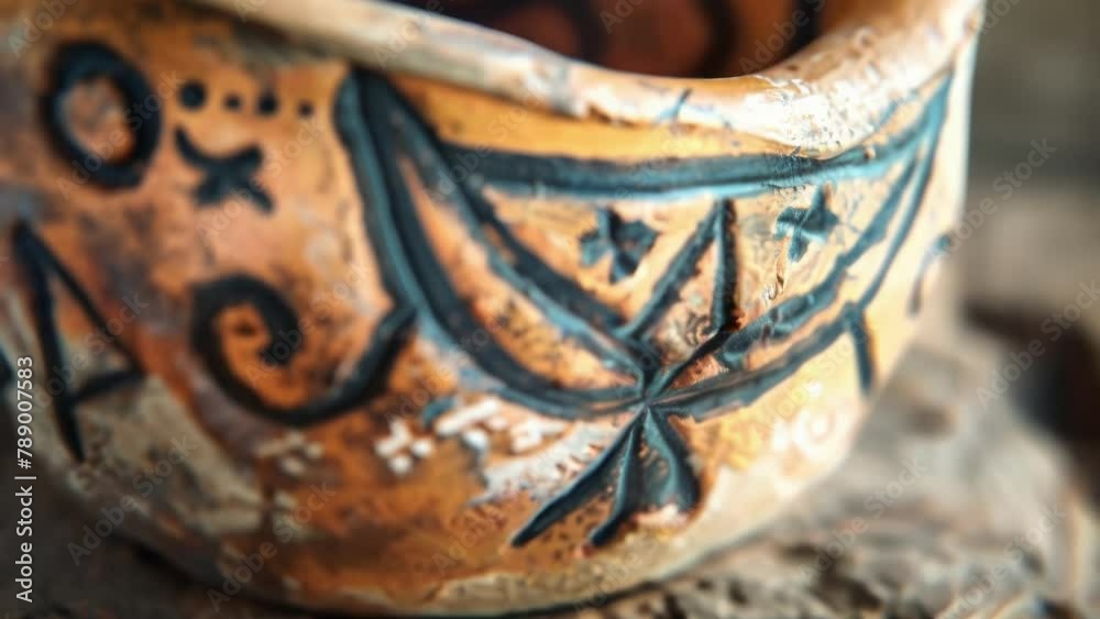Closeup of a piece of pottery with handpainted symbols depicting the interconnectedness of all living beings and the importance of mutual respect in maintaining peace. . Closeup of a piece of pottery with handpainted symbols depicting the interconnectedness of all living beings and the importance of mutual respect in maintaining peace. .