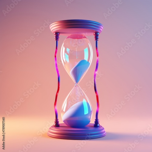 Close up of an hourglass, sand or liquid is running through a bulb, under warm and purple neon lights. Running out of time or time flow. Generative AI.