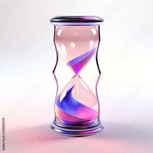 Close up of an hourglass, sand or liquid is running through a bulb, under warm and purple neon lights. Running out of time or time flow. Generative AI.