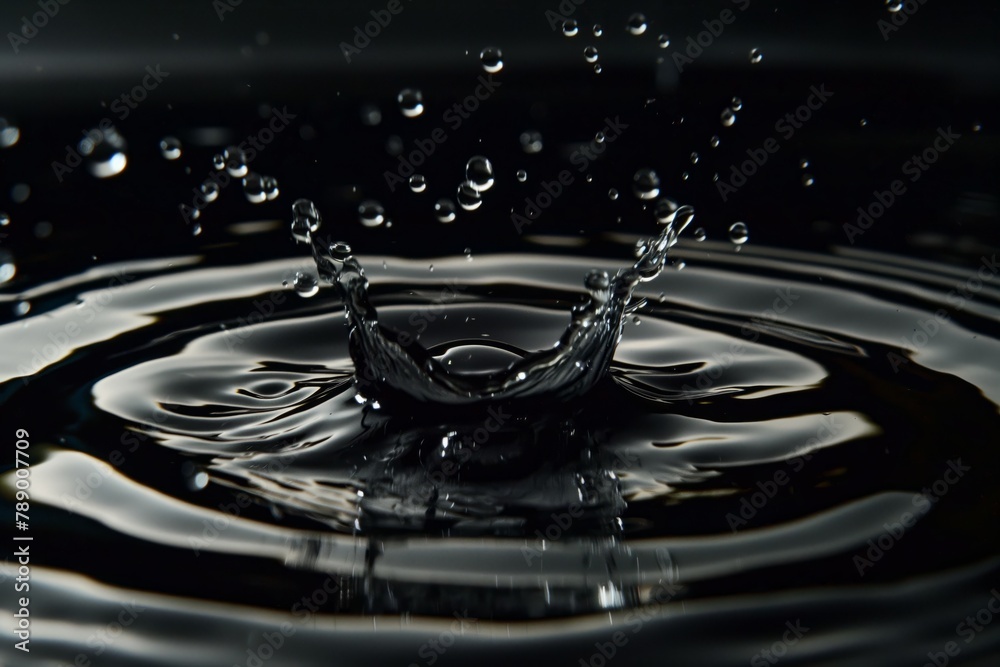 Rain Droplet Creating Ripple on Glossy Black Surface Rain Droplet Creating Ripple on Glossy Black Surface