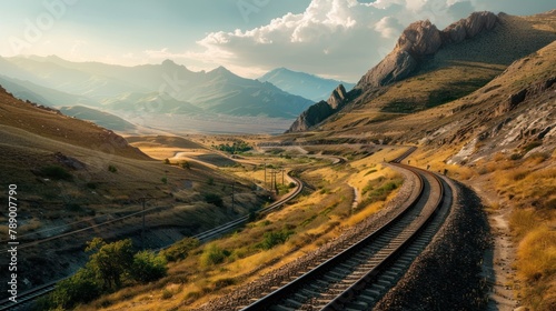 Winding train track traversing a rugged mountain landscape