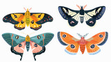 Set of Four bright colored cartoon moths of different