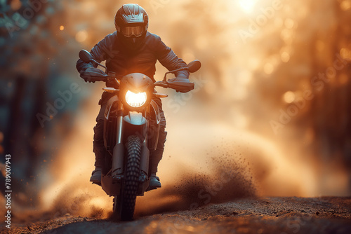 man motorcyclist on a sport enduro motorcycle riding in race in on dusty forest road at sunset