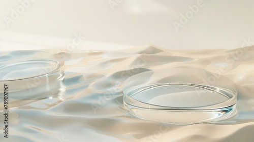 Two empty clear glass circle podiums on beige transparent calm water texture with waves in sunlight Abstract nature background for product presentation Flat lay cosmetic mockup copy sp : Generative AI
