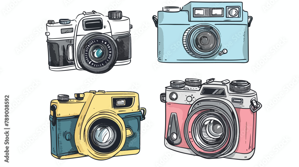 Set of Four different photo cameras. Hand drawn color