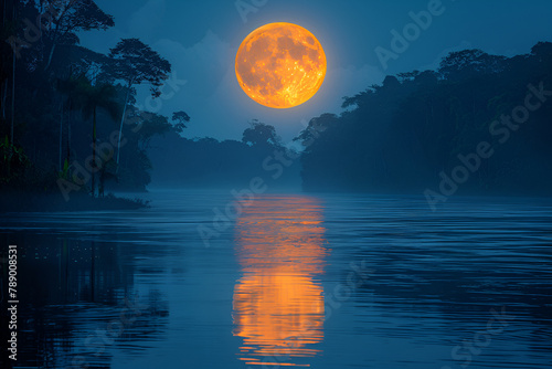 night landscape with moon  A Full Moon Shines Brightly and is Mirrored in the Water 