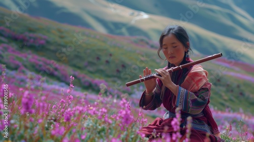 En un prado bañado de tonos púrpura, la flauta de una música susurra al ritmo de la naturaleza, su atuendo tradicional se fusiona a la perfección con el tapiz floral. photo
