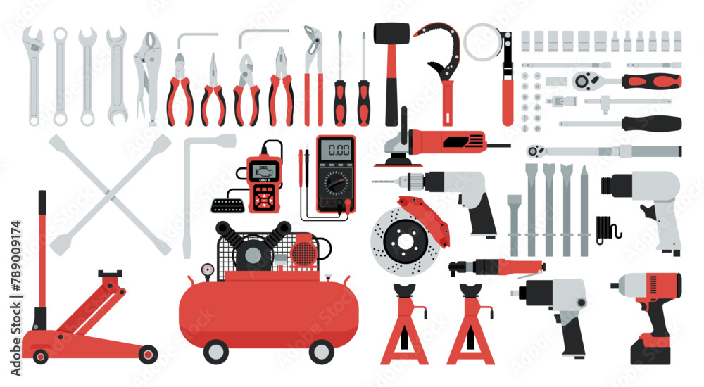 Essential Automotive Repair Tools for Professional Technician, Garage Service, Quality Craftsmanship for Your Car Fixes, Vector Flat Illustration Design