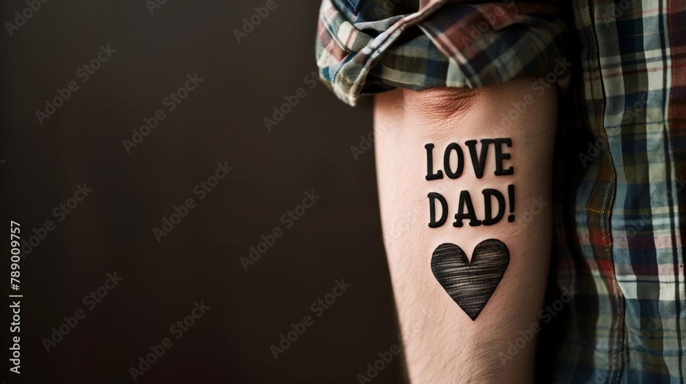 AI generated illustration of a man with a tattoo spelling 'love dad' and a heart on his forearm
