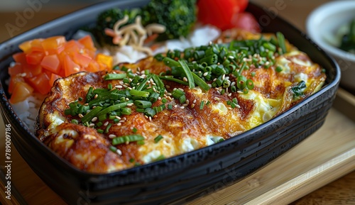 A bento box featuring an omelet with broccoli and cheese, presented with contrasting colors of black on the outside and white inside.