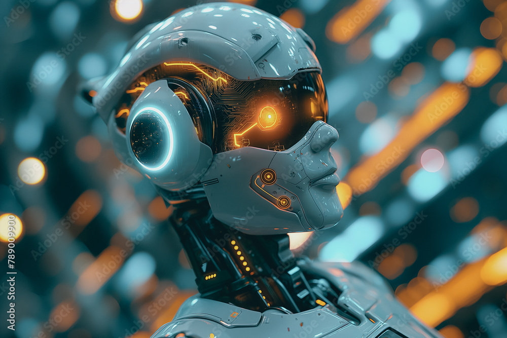 Fototapeta premium Futuristic humanoid robot with glowing circuitry and digital interface
