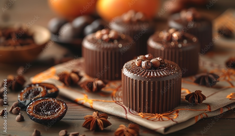 A closeup of homemade prunes in dark chocolate, wrapped with ribbons and placed on an elegant tablecloth adorned with orange and beige patterns A closeup of homemade prunes in dark chocolate, wrapped with ribbons and placed on an elegant tablecloth adorned with orange and beige patterns