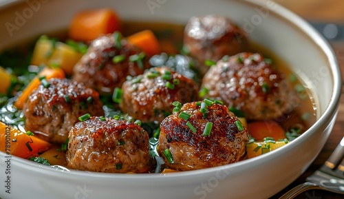 A closeup of the meatballs in soup, photographed from an angle with a shallow depth of field to focus on them and blur out everything else around it.
