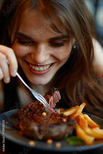 A woman enjoying a synthetic meat steak