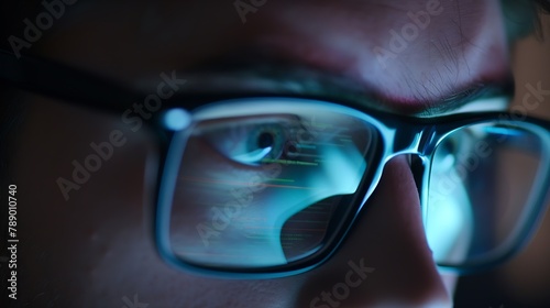 Close Up Young Man in Fashion Glasses Eye Looking Monitor Surfing Internet Stylish Male Working With computer From Home in Him Home Office The Monitor Screen Is Reflected In The Glases : Generative AI photo