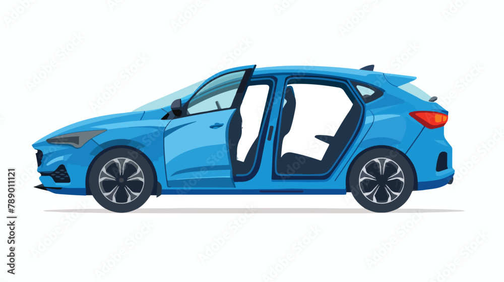 Side view of blue car with open door. New modern auto