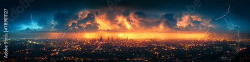 landscape panorama with thunderstorms and thunderbolts lightning flashes in blue night sky over megalopolis city with skyscrapers photo